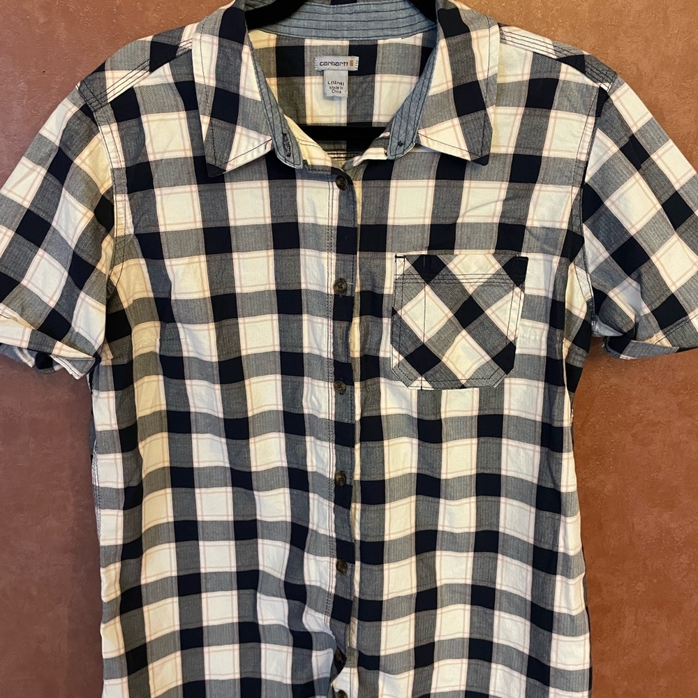 Carhartt Button Down Short Sleeve Shirt Navy Plaid Women's Large 12/14